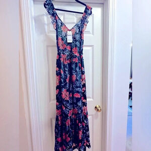RAGA Navy Floral Maxi Dress with Coral Pink Blossoms